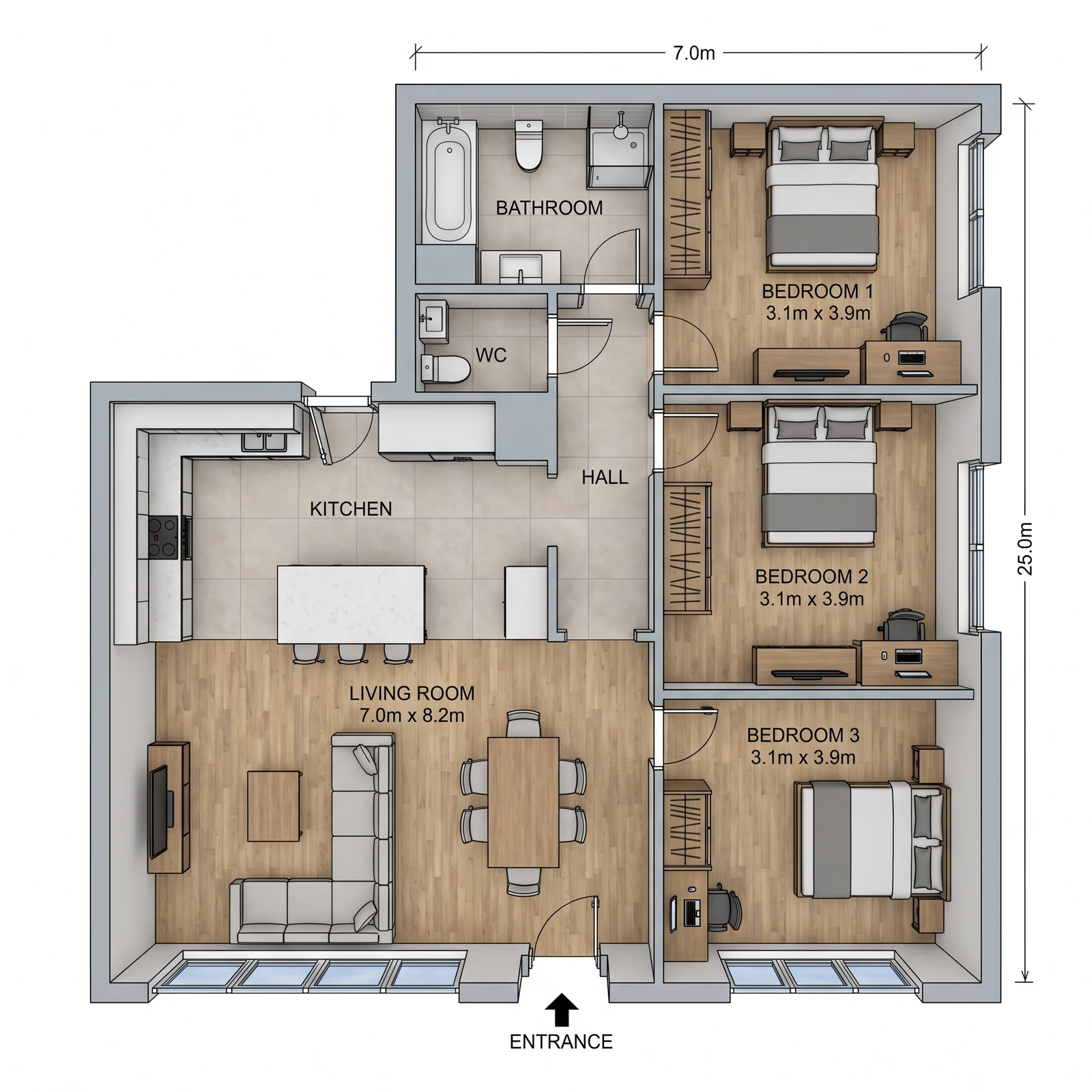 3-Bedroom Apartment with Separate WC — What FloorDrafter returns, depending on what you ask