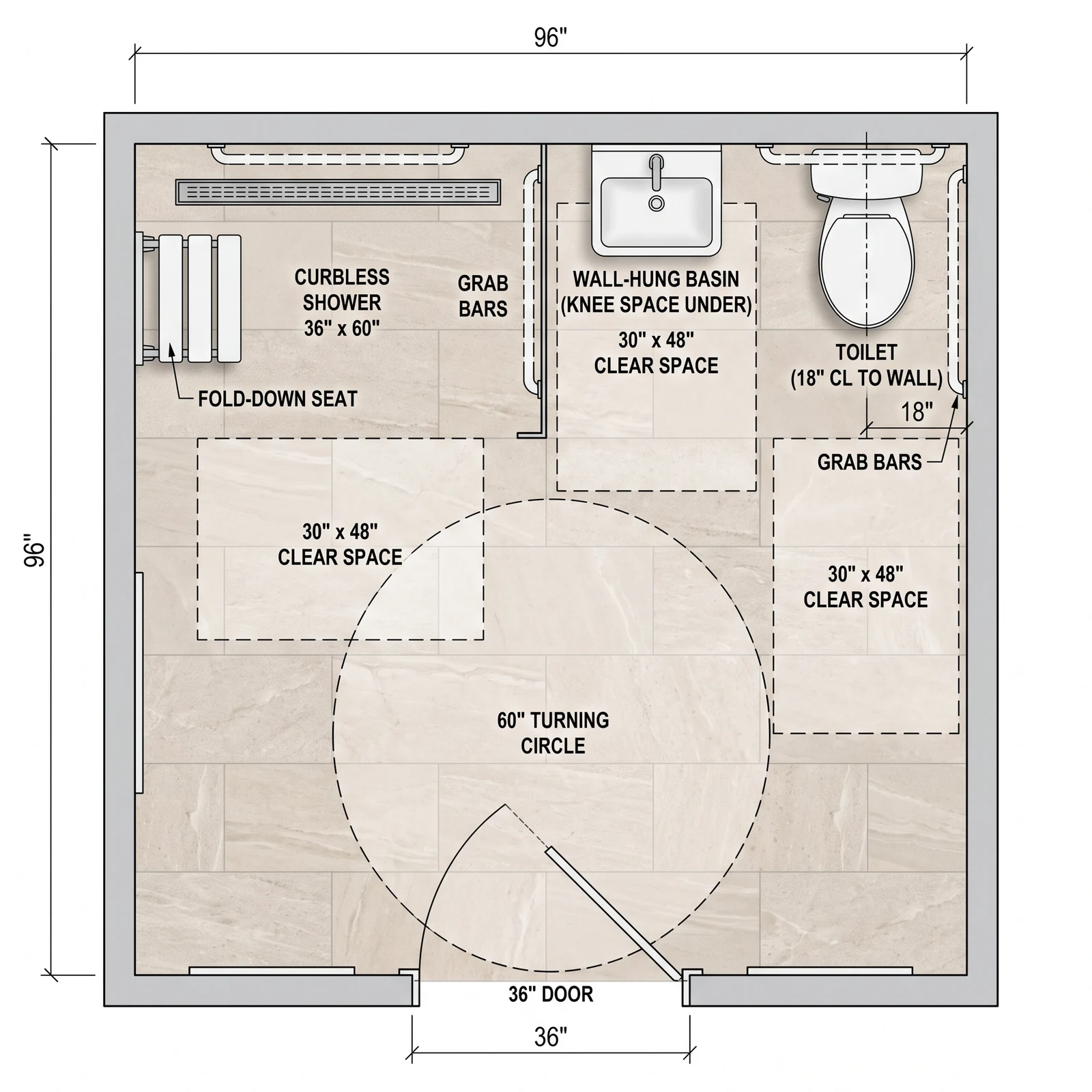 Step-free bathroom, 8 x 8 ft — What FloorDrafter returns, depending on what you ask