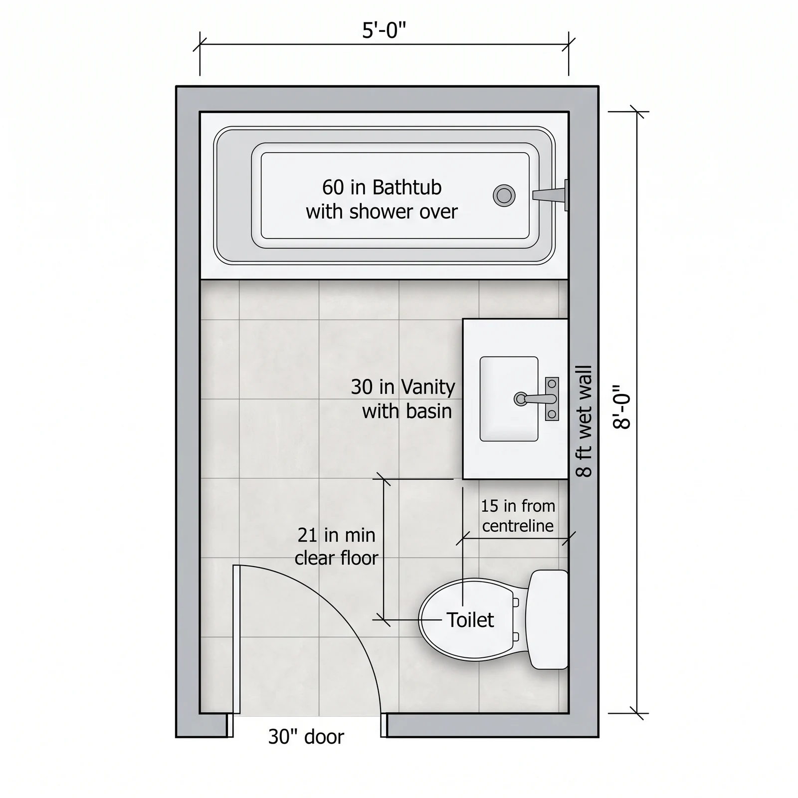 Standard full bath, 5 x 8 ft — What FloorDrafter returns, depending on what you ask