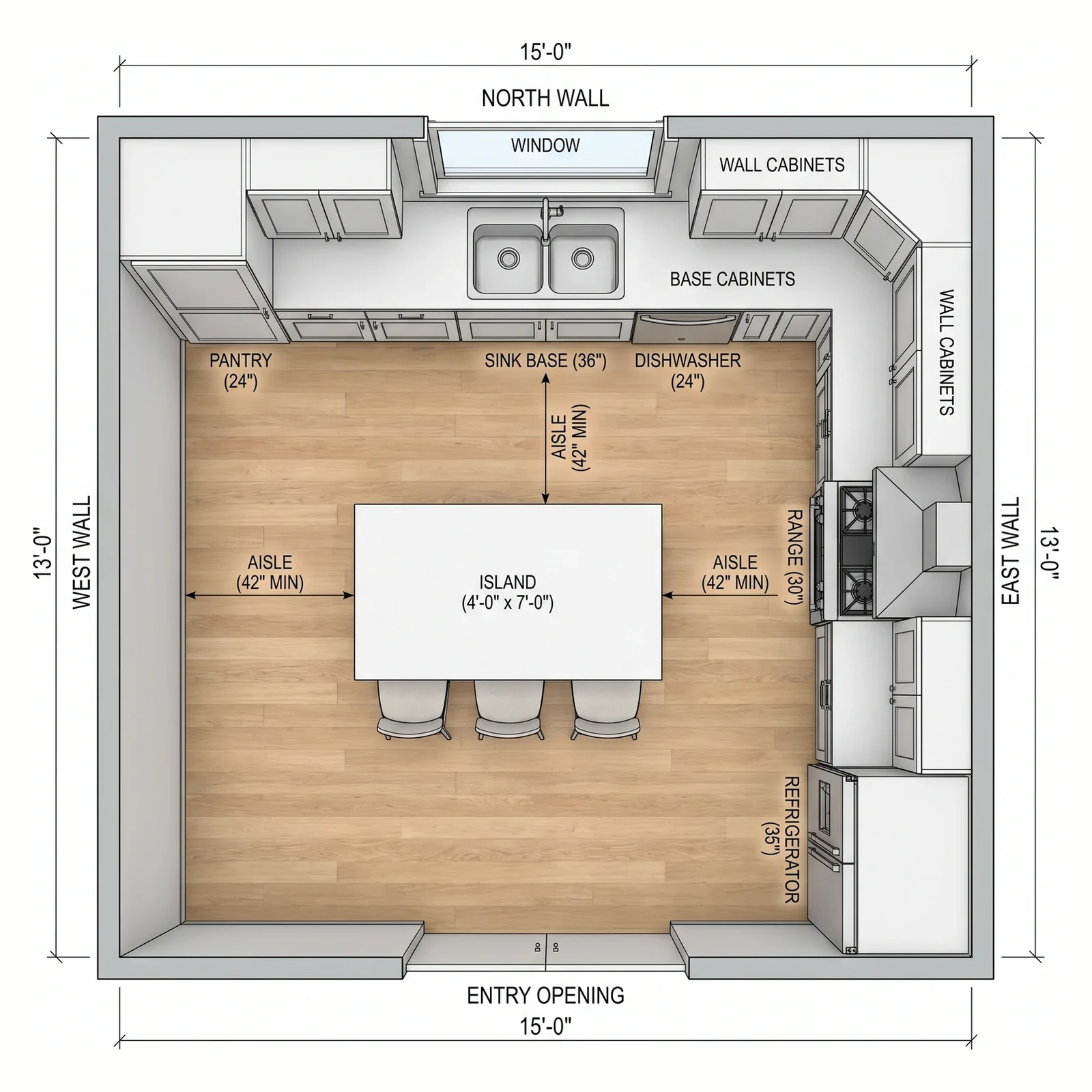 L-shape with an island — What FloorDrafter returns, depending on what you ask