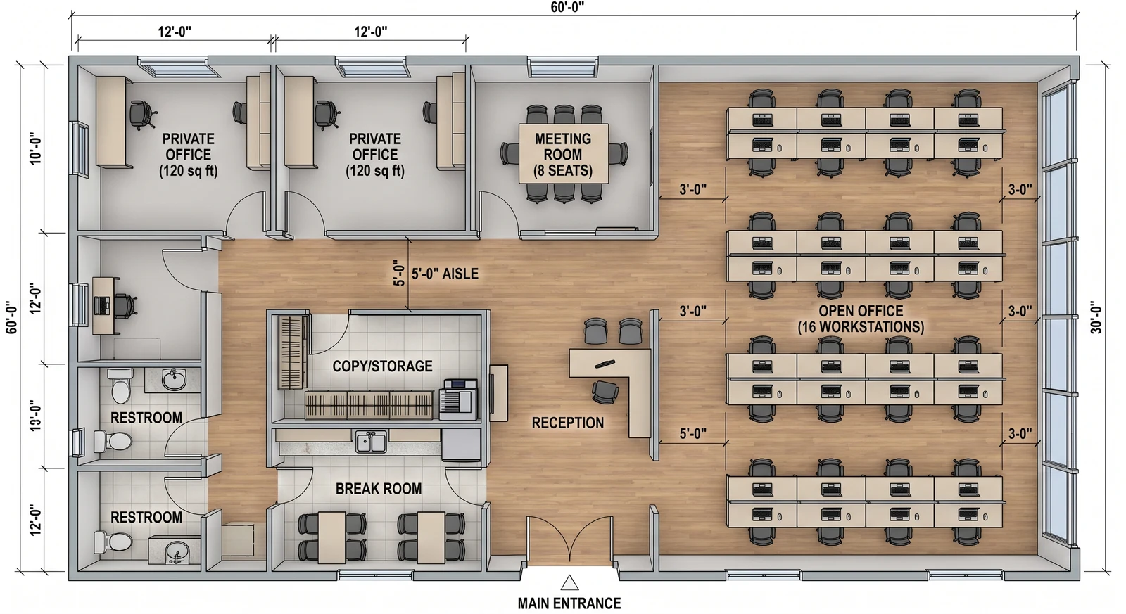 Open-plan floor for 20 — What FloorDrafter returns, depending on what you ask
