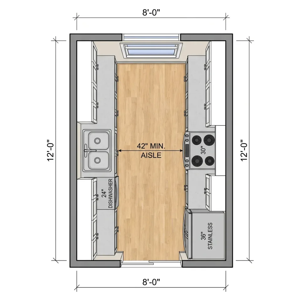 Galley kitchen, 8 x 12 ft — What FloorDrafter returns, depending on what you ask